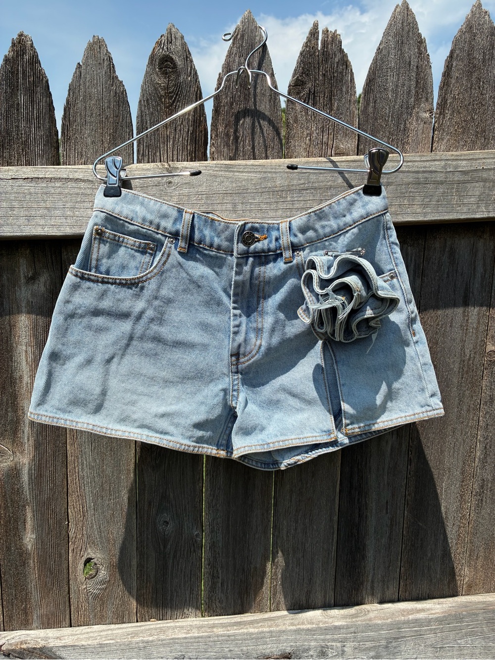 AREA Light Blue Jean Shorts with Ruffle Detail